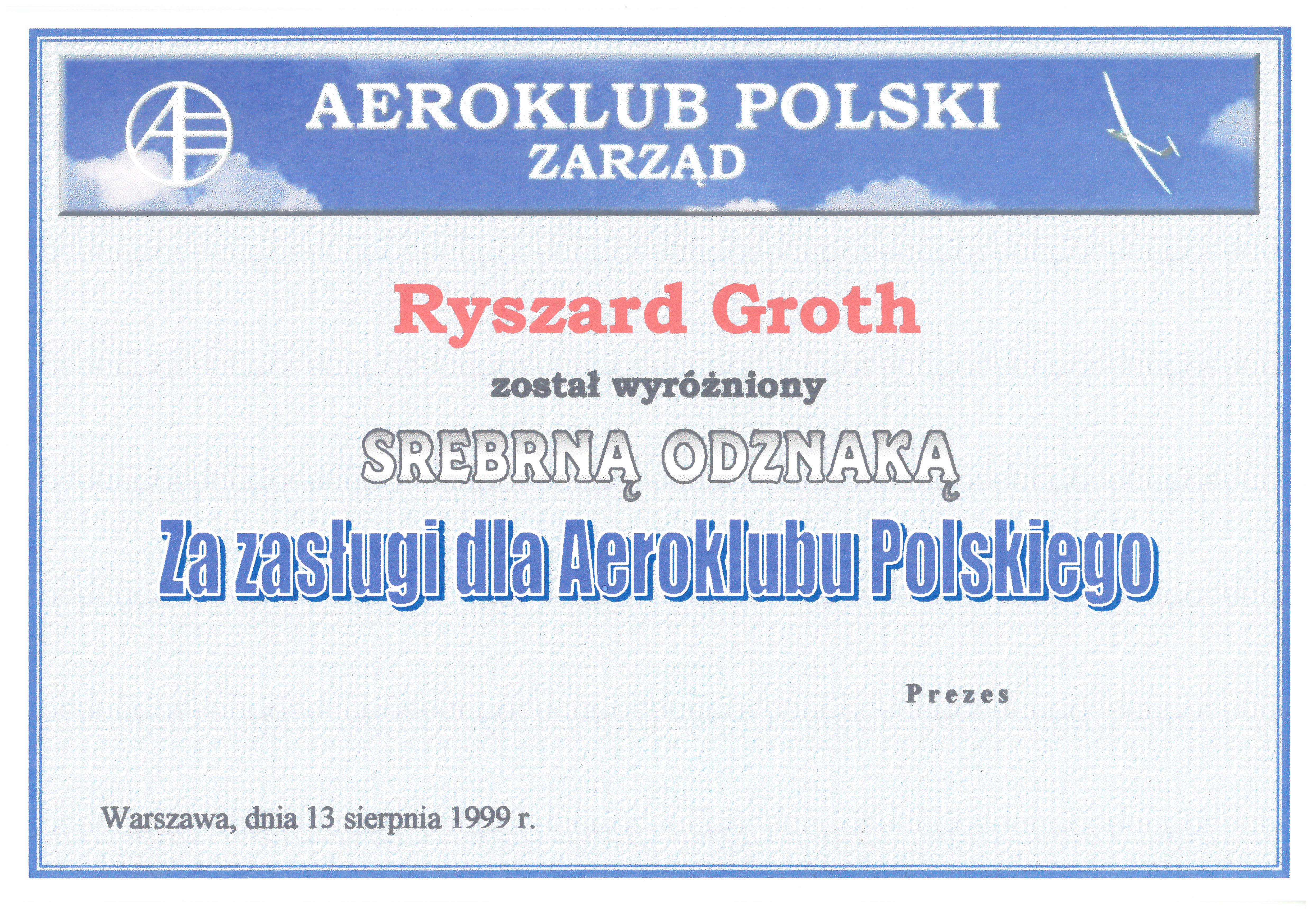 GROTH Srebrna Odznaka - Za zasługi dla Aeroklubu Polskiego